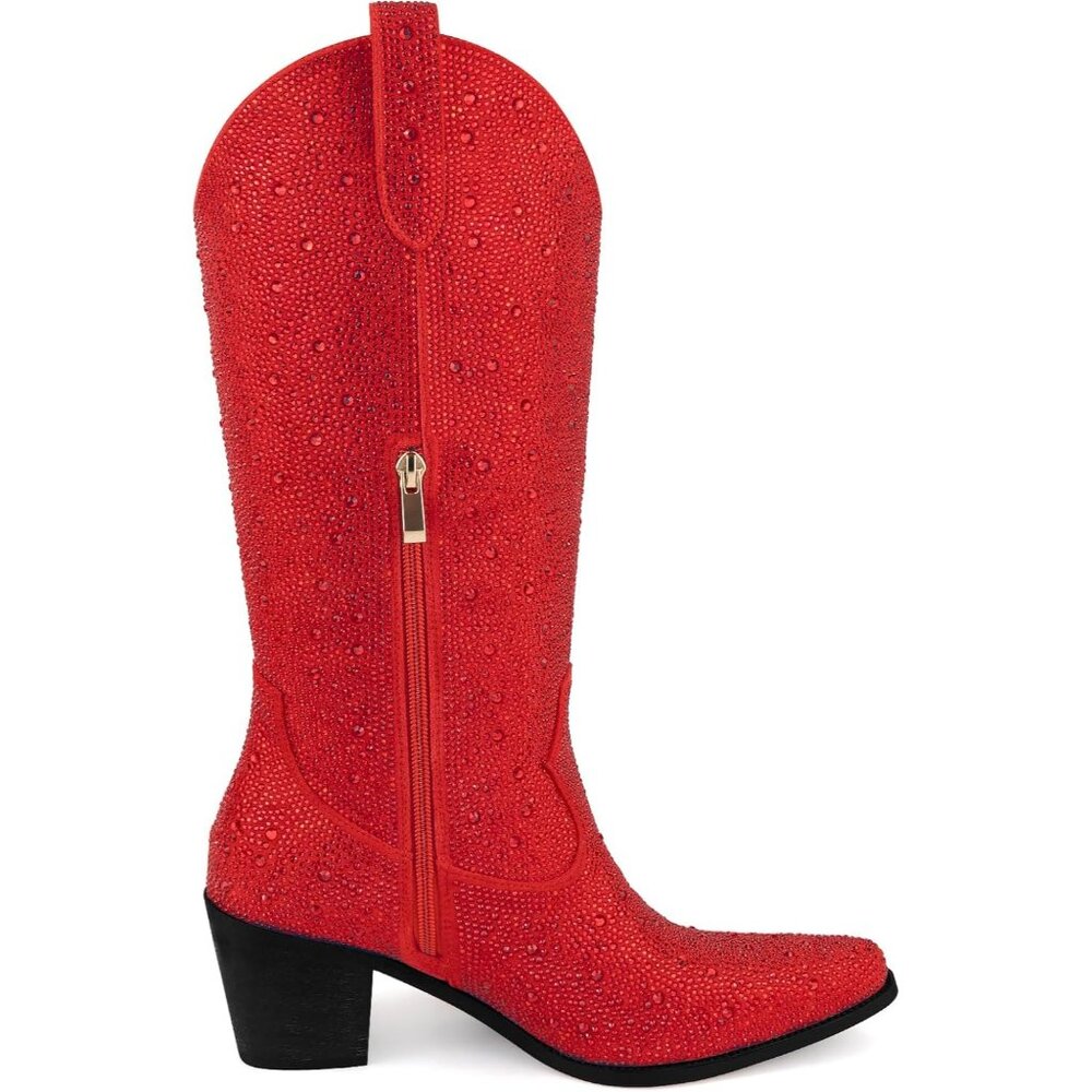 ⚡Women’s Red Rhinestone Cowboy Boots Mid Calf Pointed Toe Block Heel - Picture 2 of 5